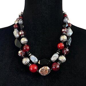 Ruby Rd Necklace Double Strand Chunky Statement Black Red Silver Gray Adjustable